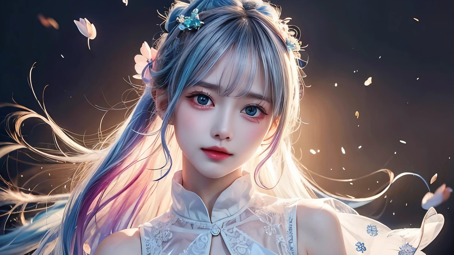 (masterpiece), (best quality), (ultra detailed),(disheveled hair),(illustration), (1girl), (Fashionable clothing), standing, Fashion model, looking at viewer, (interview), (simple background),beautiful detailed eyes, delicate beautiful face, Floating,(high saturation),(colorful splashes),colorful bubble,(shining), focus on face, ponytail, kamisato ayaka, light blue hair, bangs, hair ring, floating flowers, floating hairs, (shining), best lighting, best shadow,