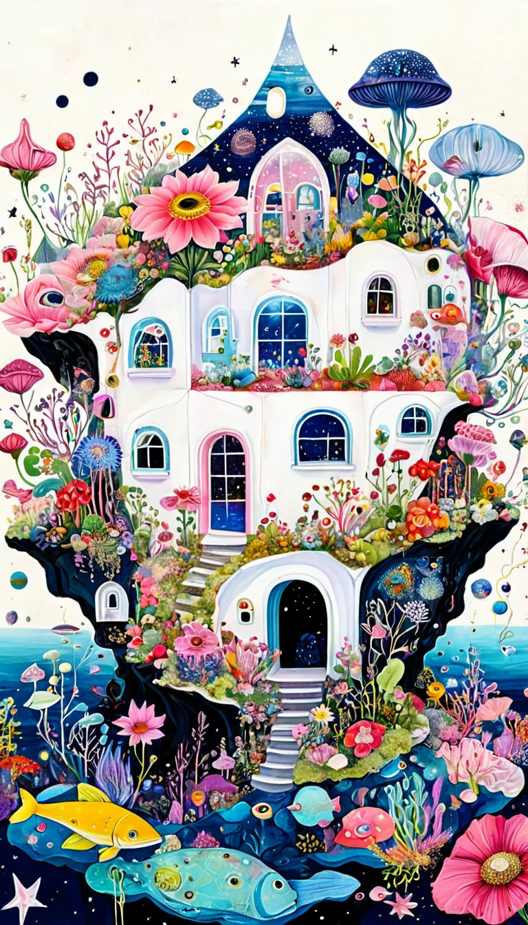 Pink Flower House，microorganism、plant、Marine life、Eye、Starry Sky，Stitching together an abstract painting，Describing the inner world of autistic people，Sense of space，White Space，interesting，Innocence，Psychedelic Art