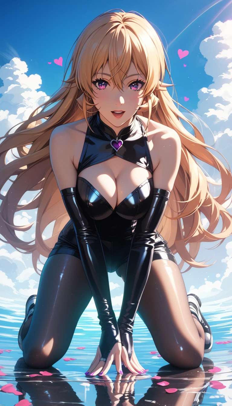 score_9, score_8_up, score_7_up, score_6_up, erina nakiri, long hair, blonde hair, purple eyes, BREAK (masterpiece:1.2), best quality, high resolution, (beautiful detailed eyes:1.3), perfect lighting, (perfect hands, perfect anatomy), hearts, pleasured, large breast, solarpunk outfit, commercial ad, magic-realism, full body, reflection water
