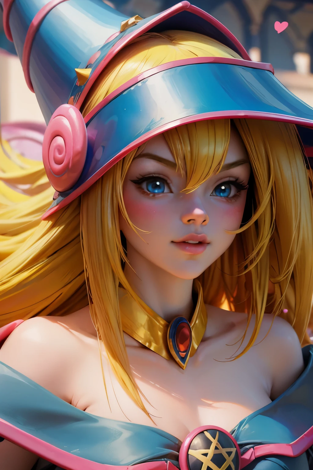 Beautiful face of dark magician gils, blue eyes. pink lips. Long blonde hair. exposed shoulders, angelic smile, beautiful well detailed face of dark magician gils. blowing a kiss. sexy kiss
