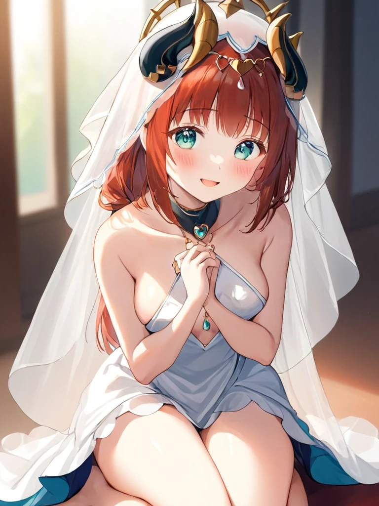 Super detailed,(Highest quality),((masterpiece)),(High resolution),original,very,Nirou, One girl, chest, alone, Veil, chestの谷間, jewelry, View your viewers, large chest, smile, Thighs, blush, Spread your legs, Bare shoulders, clavicle, Mouth closed, necklace, Aqua Eye, heart, squat, ring, Blurred background, Patreon Username, horn, indoor, bridal Veil, Tilt your head, Bare arms, white dress, dress, Blurred, Sitting