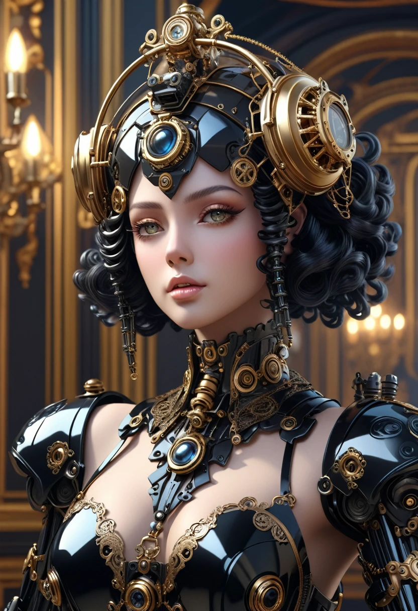 A steam punk style obsidian robot with a human like obsidian face. female figure. Wearing wig of spun obsidian. Ultra HD, Rococo-Inspired Fantasy Art With Intricate Details. (8K High Resolution) (top-quality)