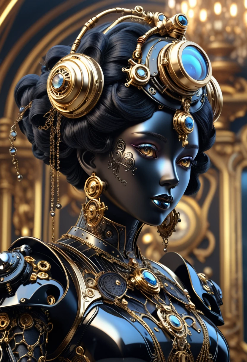 A steam punk style obsidian robot with a human like obsidian face. female figure. Wearing wig of spun obsidian. Ultra HD, Rococo-Inspired Fantasy Art With Intricate Details. (8K High Resolution) (top-quality)
