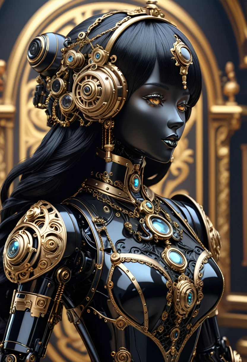 A steam punk style obsidian robot with a human like obsidian face. female figure. Wearing wig of spun obsidian. Ultra HD, Rococo-Inspired Fantasy Art With Intricate Details. (8K High Resolution) (top-quality)
