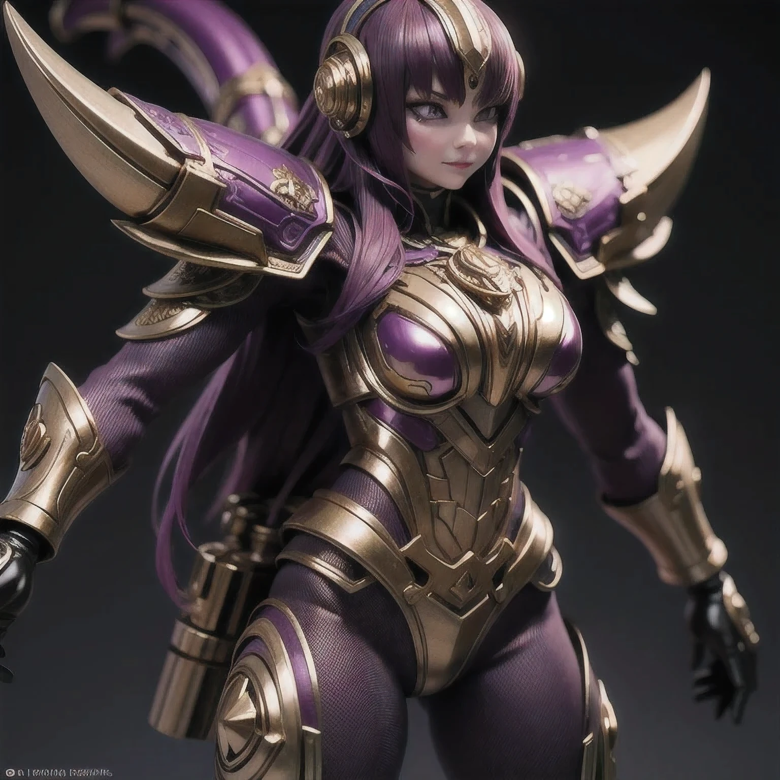 Close up of purple and gold toys, Super detailed fantasy characters, Science Fiction Characters render, detailed humanoid, Star Pathfinder Characters, Science Fiction Characters, Science Fiction Characters, humanoid character, very detailed character, Color Rendering, 3D Rendering Character Art 8K, Alien Armor, safi'jiiva armor, Marmoset Rendering