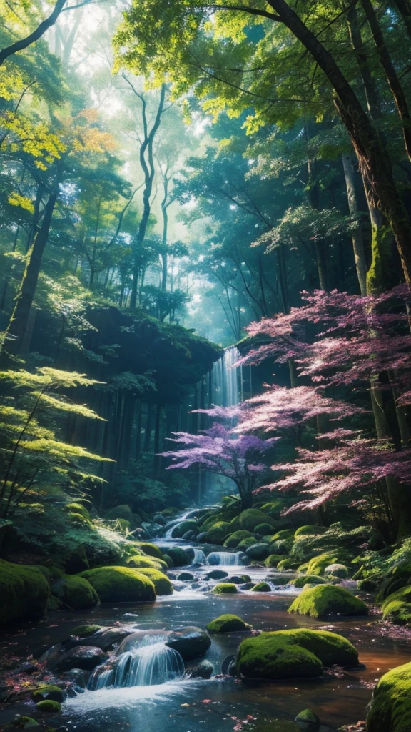 "Create an art piece where a mystical forest blends seamlessly with flelements, inspired by the vibrant color palettes and dynamic angles commonly found in anime. Capture the essence of both nature and technology coexisting harmoniously."