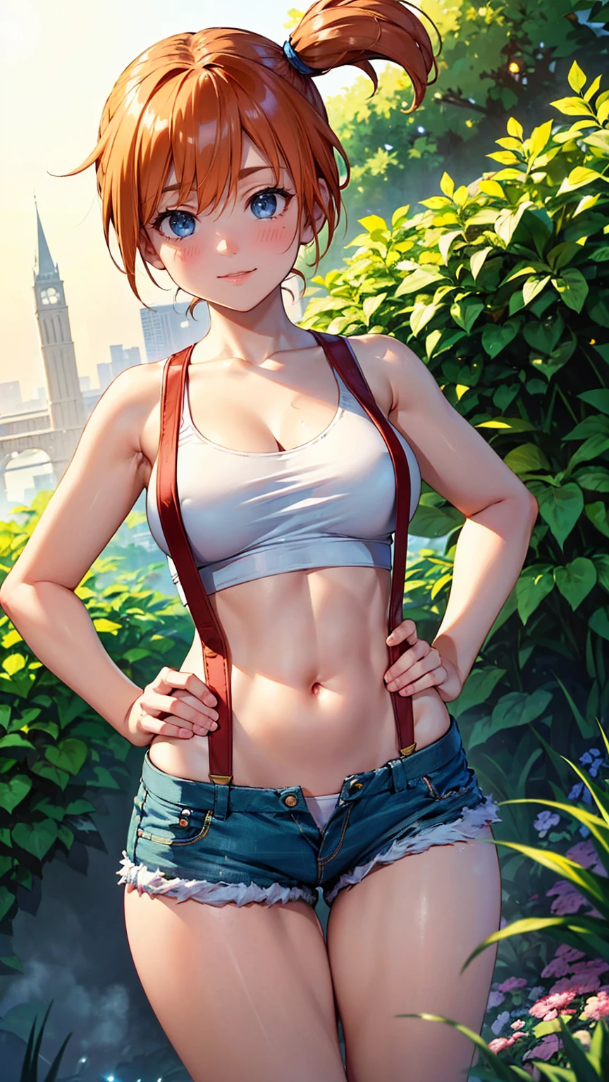 from the front, Bottom view,,(Dutch Angle),Solo Focus.,(Upper Body:1),(,Highest quality, Super detailed),Ultra-fine Illustration,Anime Studio,Very detailed, (Detailed Background, Complex background:1.2), (Perfect Face, Detailed face), full-face blush, (smile, Happy), (Mature Woman, Mature Girls) Foggy_(Pokemon), short hair,Side Ponytail, View your viewers, smile, blush, belly button, Shorts, blue eyes, (suspenders), shirt, Crop top,Beautiful Abs,(Beautiful bottom_tits), abdomen, short Shorts, Medium chest,(Beautiful body),(Skinny Skin).(). (Outdoor, garden, Thighs,Are standing),Depth of written boundary,(Professional Lighting,Cinema Lighting,Lens flare.Beautifully illuminated),(Hands on hips) ,Foggy_(Pokemon),