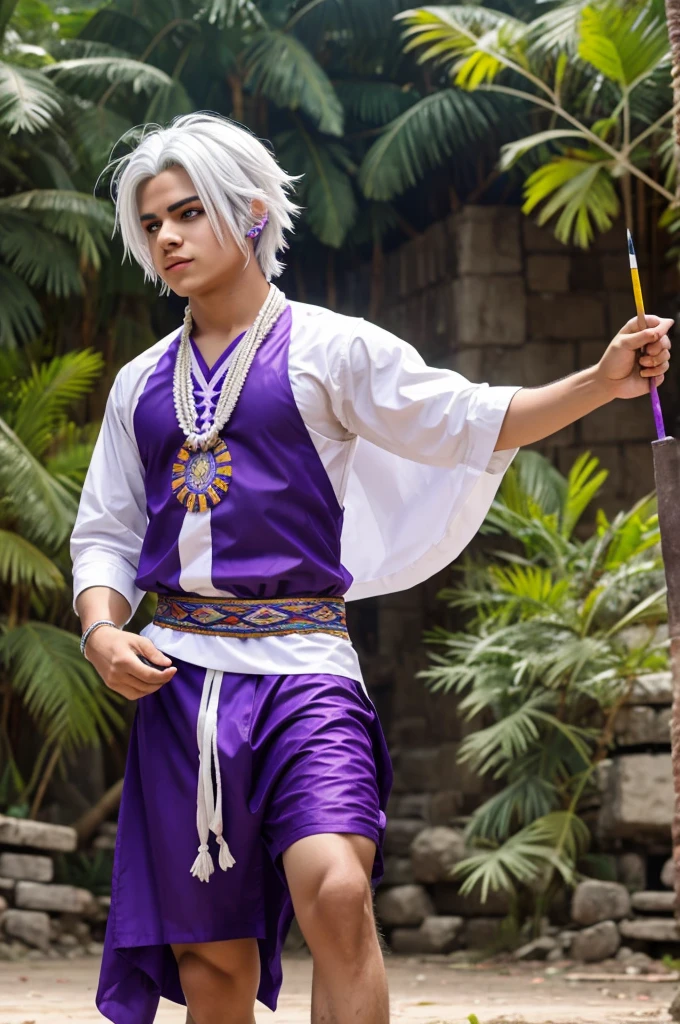 Generates a screenshot of a boy in mha style with clothes and paint with traditional ancient MAYA clothes to dance an ancient festival with white hair and purple eyes