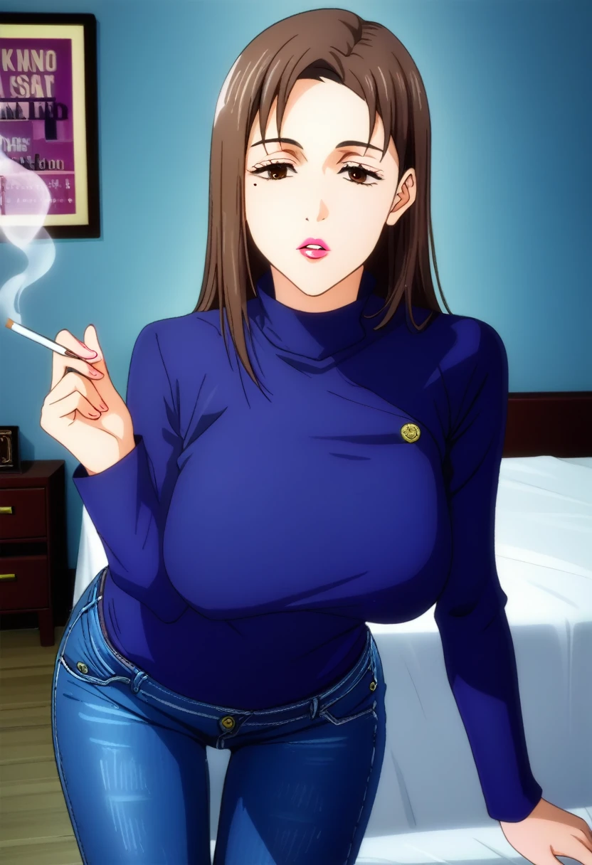 score_9_up, score_8_up, score_7_up, 1girl, solo, mature female, Shoko, long brown hair, brown eyes, mole under right eye, pink lips, parted lips, fit slim body, perfect medium erected breast, (((blue long sleeve, blue tight jeans))), (((higly detailed modern luxury bedroom))), looking at the viewer, perfect model body, smoking a cigarette, seductive pose, cigarette in her mouth 