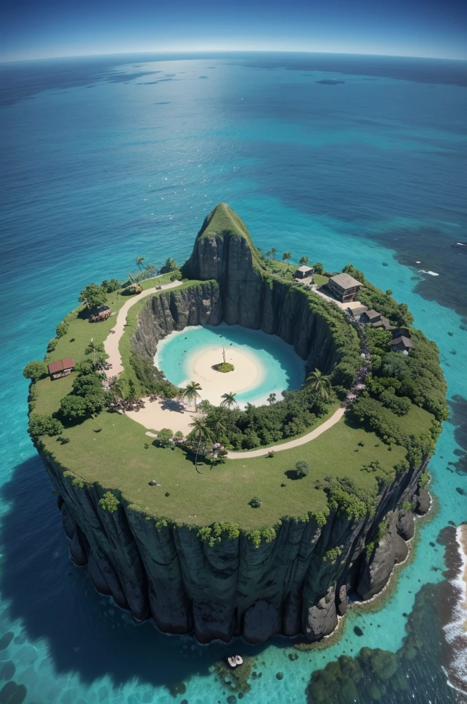 create a big scared island with 3D cartoon style lost in the middle of the sea, let the island seen from above far away