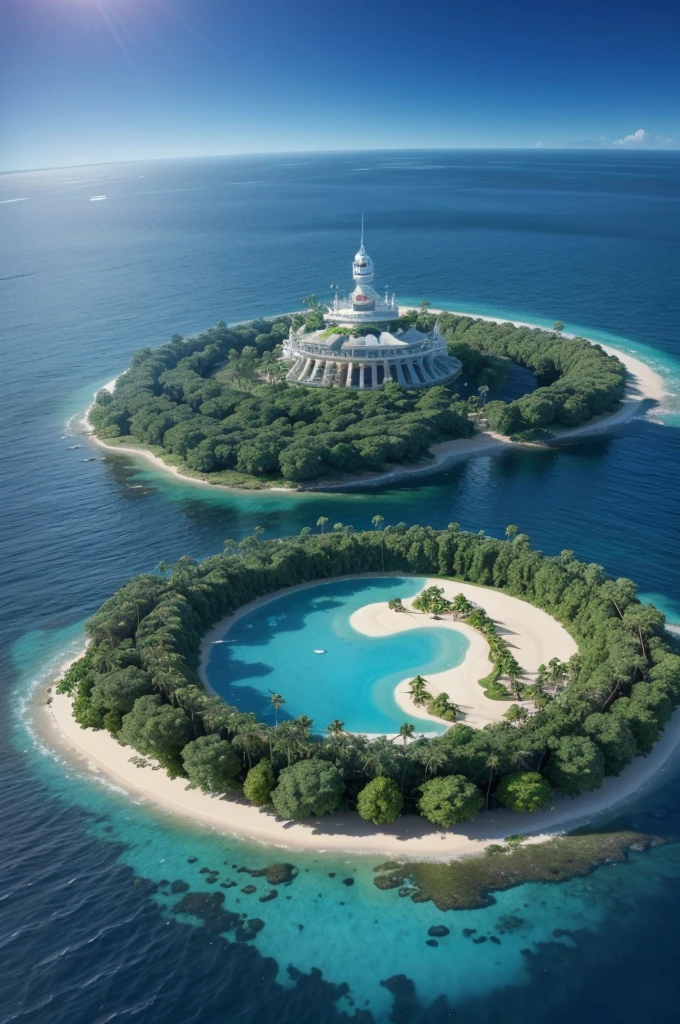 
create a big scared island with 3D cartoon style lost in the middle of the sea, let the island seen from above far away