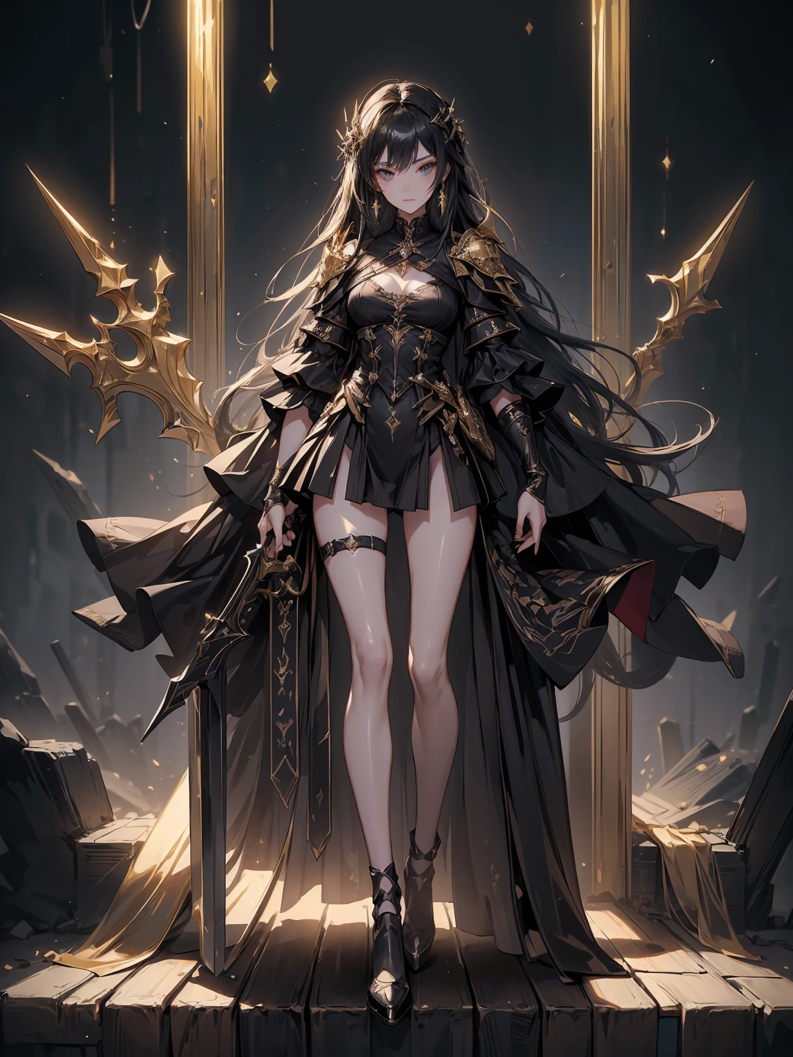 (((masterpiece, best quality, high detailed, 8k))) Design a layout showcase Gaming character, (1girl). Black|Gold clothes, stylish and unique. ((showcase weapon:1.4)), dark scythe. (masterpiece:1.2), (best quality), 4k, ultra-detailed. (Step by step design, layout art:1.5), (luminous lighting, atmospheric lighting). necromancer, ((glove full hands)), (((revealing clothes:1.3))), vambraces, armored legwear, (((full_body_shot:1.4))). {In a haunted graveyard}.
