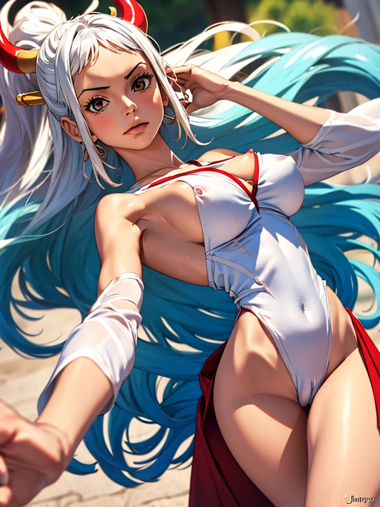 (masterpiece, Highest quality), One girl, Yamato(ONE PIECE), One girl, alone, Big Breasts, Long Hair, White Hair, Light blue hair tips, hair ornaments, horn, No sleeve, Bare shoulders, Red Hakama, Side Ponytail,No sleeve着物, Heterochromia iridis, underboob, erect nipples, camel toe, No bra