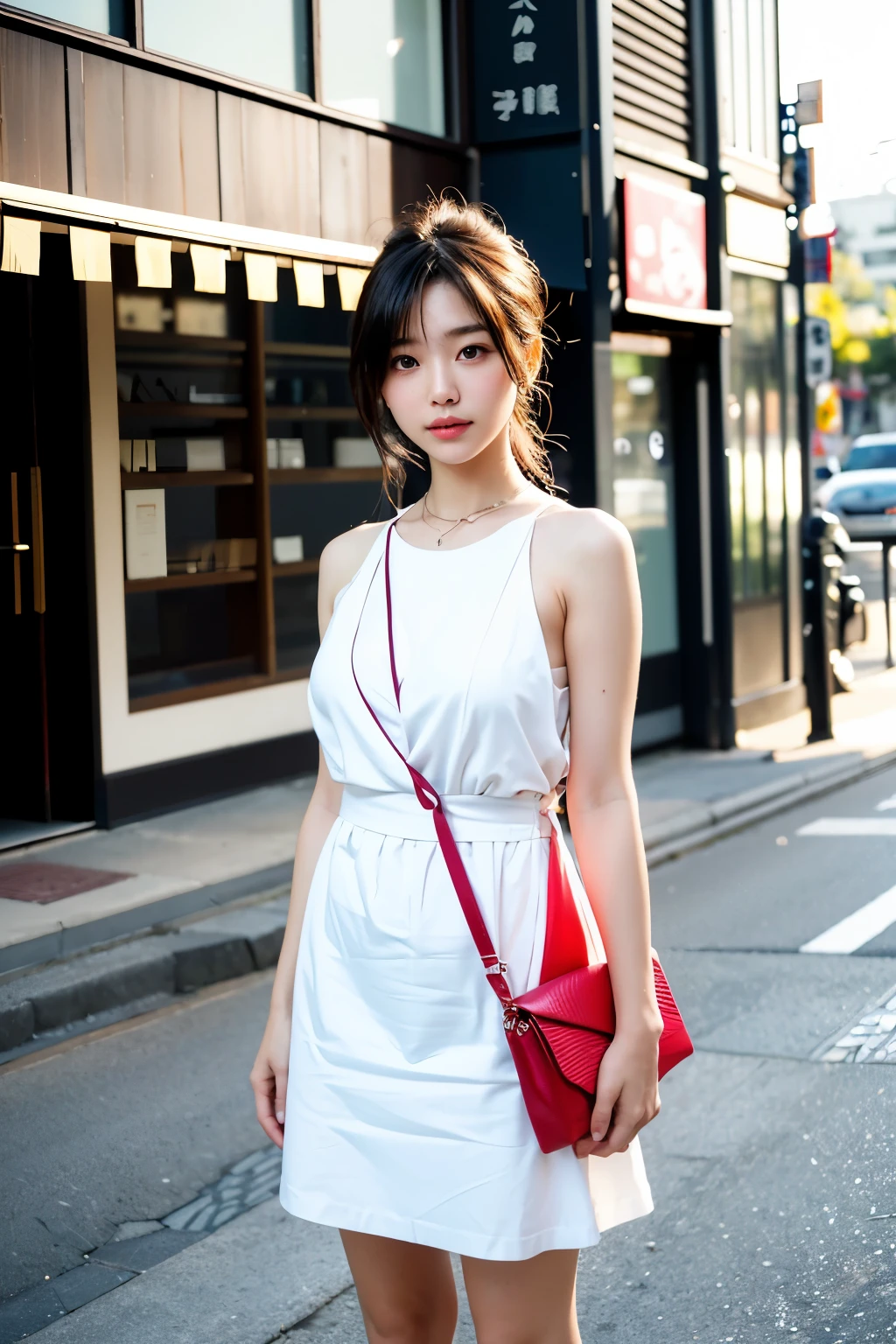 (top-quality、​masterpiece)Japan 30-year-old women、Perfect face proportions、Perfect body ratio、Professional Light、5mm lens、photographed on a Fujifilm XT3、Shot by a professional street photographer、Full body portrait、Scenery during a date、high-definition picture、Feel the summer、short-cut、Sleeveless hemp dress、Looking at the camera