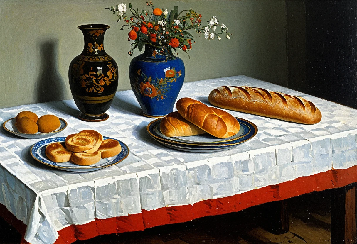 painting of a table with a vase, plate, bread, and other items, by Vladimir Baranov-Rossine, by Vladimir Borovikovsky, by Aleksandr Gerasimov, by Konstantin Westchilov, vitaly bugarov, by Vladimir Novak, by Konstantin Savitsky, by Andrey Yefimovich Martynov