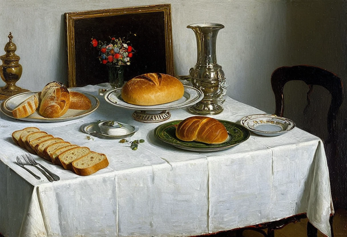 painting of a table with a vase, plate, bread, and other items, by Vladimir Baranov-Rossine, by Vladimir Borovikovsky, by Aleksandr Gerasimov, by Konstantin Westchilov, vitaly bugarov, by Vladimir Novak, by Konstantin Savitsky, by Andrey Yefimovich Martynov