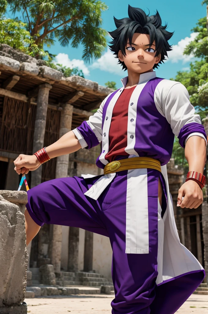 Generates a screenshot of a boy in my hero academia style with clothes and paint with traditional ancient MAYA clothes to dance an ancient festival with white hair and purple eyes
