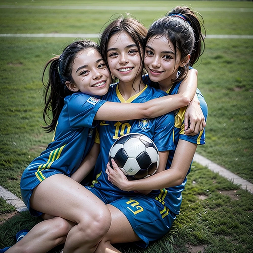 I created two Brazilian friends, they are best friends and they are playing soccer and they are hugging each other.
