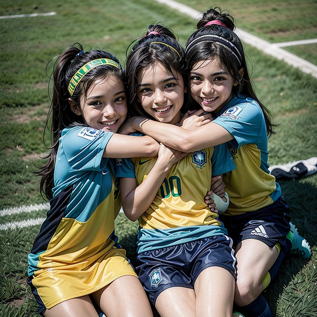 I created two Brazilian friends, they are best friends and they are playing soccer and they are hugging each other.