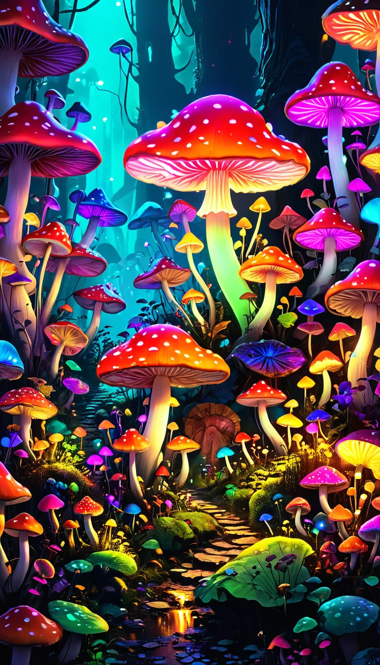 Fantasy 00d, , Glowing lights ,  Neon , Glowing Mushrooms , Vibrant colors ,Many mushrooms