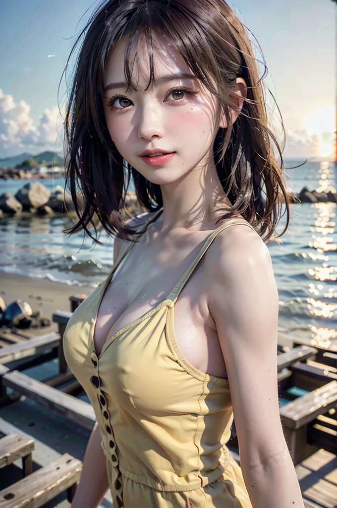 (realistic, photo-realistic:1.37),(8k, RAW photo, best quality, masterpiece:1.2), extremely fine detailed, ultra-detailed, physically-based rendering, ultra high res, kodakvision color, shot on Arricam LT Camera, bokeh, sharp focus, looking at viewer, photorealistic, realistic, solo, photorealistic, best quality, extremely detailed face, extremely detailed eyes and face, beautiful detailed eyes and hair, cuticle, absurdres, incredibly absurdres, floating hair,perfect body, ((yellow tropical pattern sundress, evening light)), walking on beach, turning towards viewer, waves in background, sunset sky
