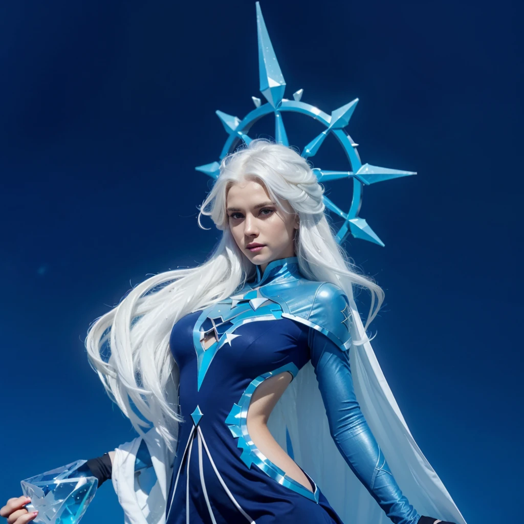 a woman in a blue dress with a star on her head, A woman with long white hair, long white hair covering her body, women with big breast, huge breast, huge , ice sorceress, queen of ice and storm, ice mage, ice queen, beautiful celestial mage, white haired, beautiful ancient frost witch, goddess of winter, queen of winter, Ultra Detailing, Ultra Hd, Ultra Realistic, Hyper Realistic, 8k, 4k ultra hd.