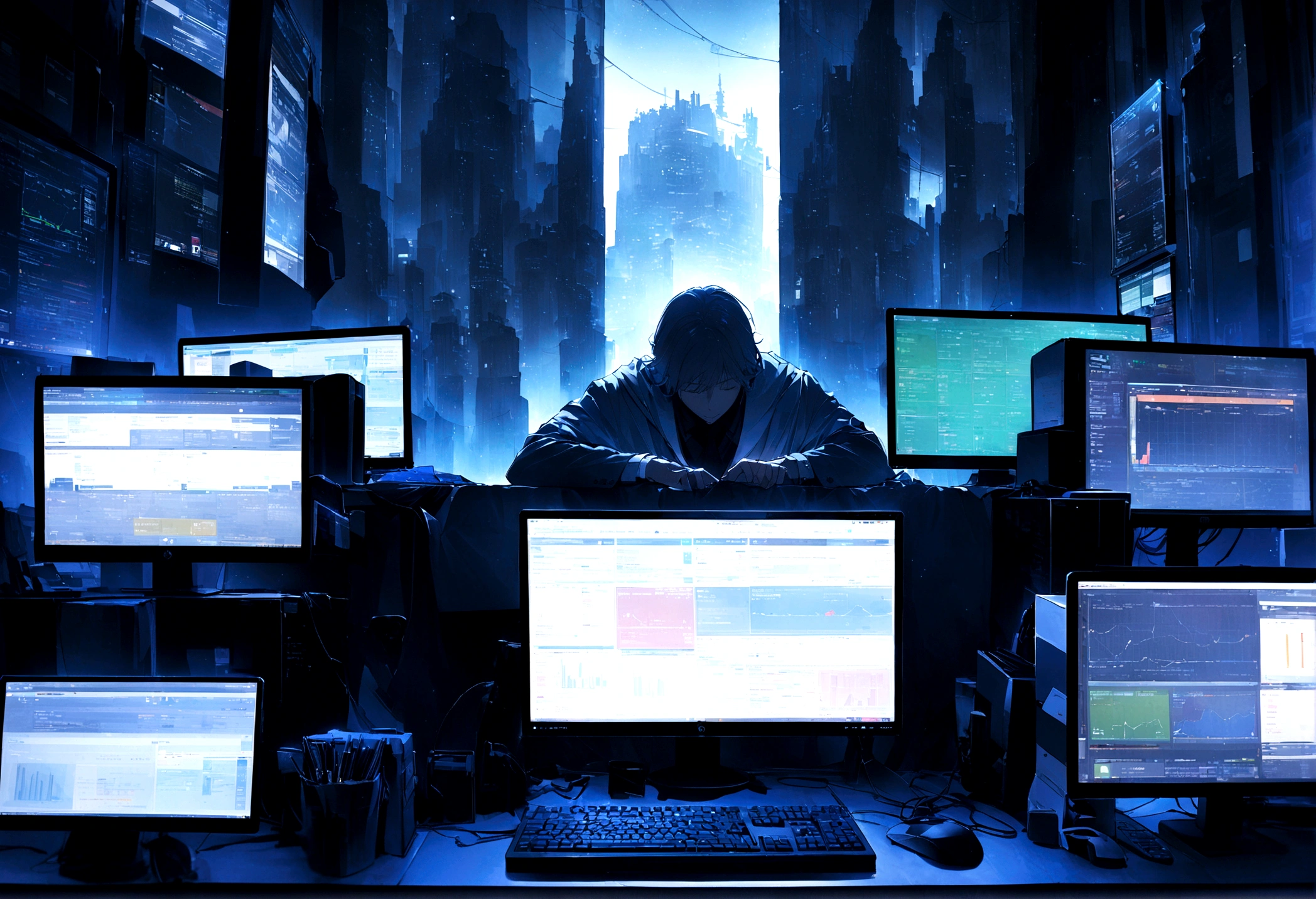 "An angel day trader sits in front of several computers trading in the financial market on the mt5 platform, high quality image. Add the text to the image "Eder Santo Professional trader investments the terror in the financial market"