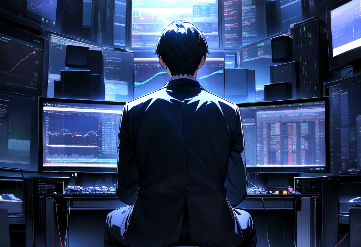 "An angel day trader sits in front of several computers trading in the financial market on the mt5 platform, high quality image. Add the text to the image "Eder Santo Professional trader investments the terror in the financial market"