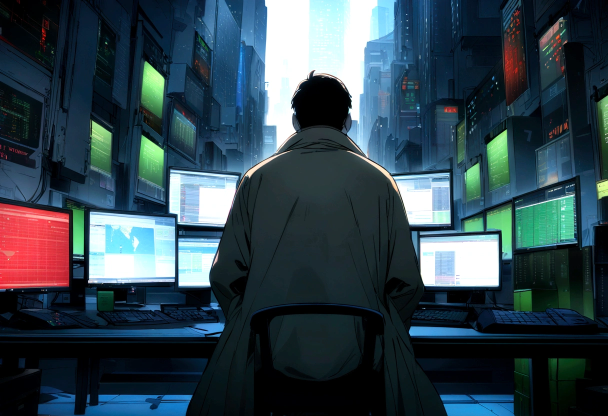 "An angel day trader sits in front of several computers trading in the financial market on the mt5 platform, high quality image. Add the text to the image "Eder Santo Professional trader investments the terror in the financial market"