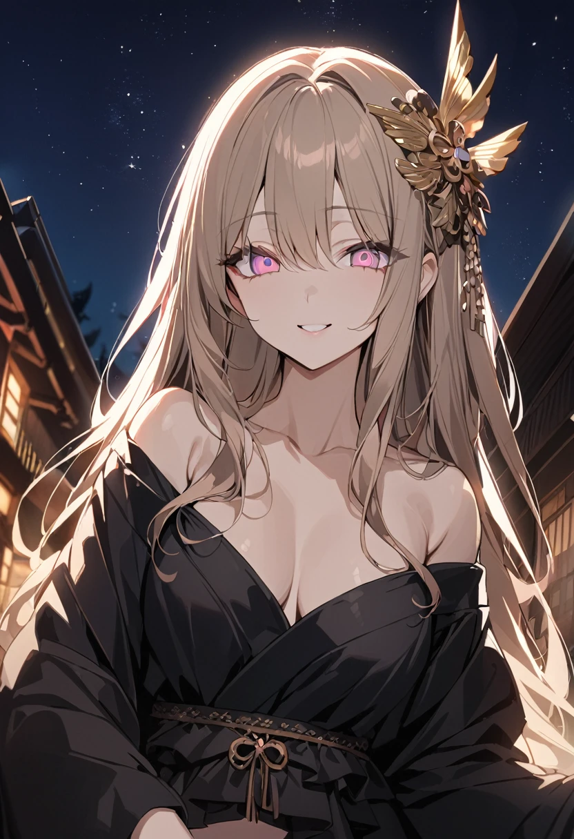 One girl, masterpiece, best quality, beautiful woman, smiling face, light brown hair, long hair, hair ornament, baby pink eyes, big eyes, black Hanfu, night sky, anime