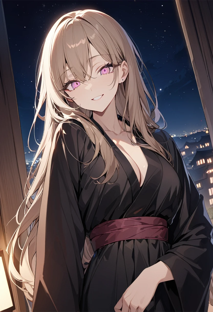 One girl, masterpiece, best quality, beautiful woman, smiling face, light brown hair, long hair, hair ornament, baby pink eyes, big eyes, black Hanfu, night sky, anime