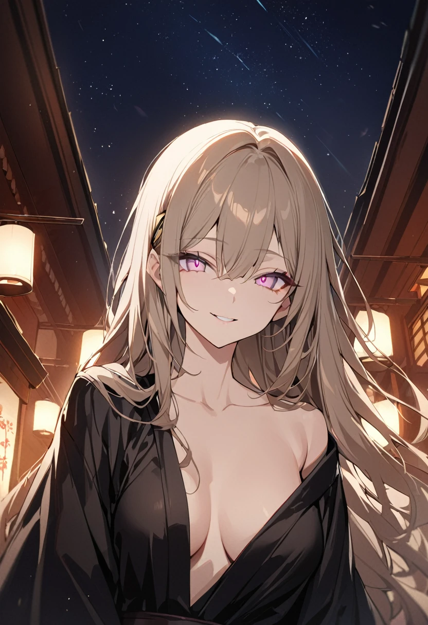 One girl, masterpiece, best quality, beautiful woman, smiling face, light brown hair, long hair, hair ornament, baby pink eyes, big eyes, black Hanfu, night sky, anime