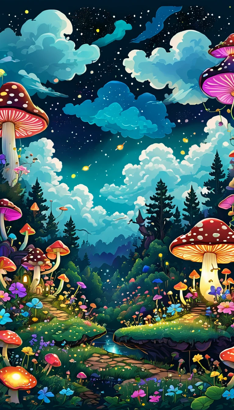 (Rolling clouds and colorful flowers), (Forest Firefly Fantasy Korean Mushroom Kingdom), (midnight), (irregular), (mystery), (ridiculous), Dreamy, Disney, T-shirt design, vector,
