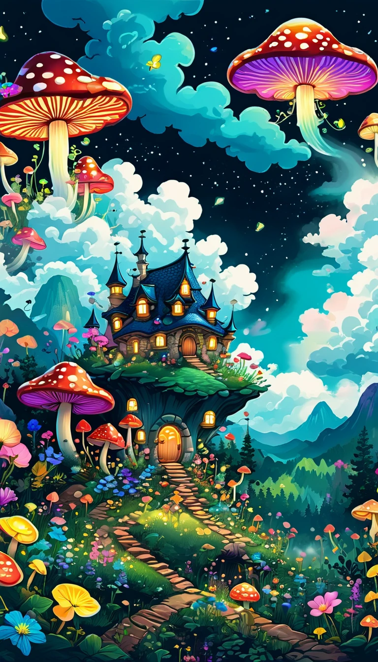 (Rolling clouds and colorful flowers), (Forest Firefly Fantasy Korean Mushroom Kingdom), (midnight), (irregular), (mystery), (ridiculous), Dreamy, Disney, T-shirt design, vector,