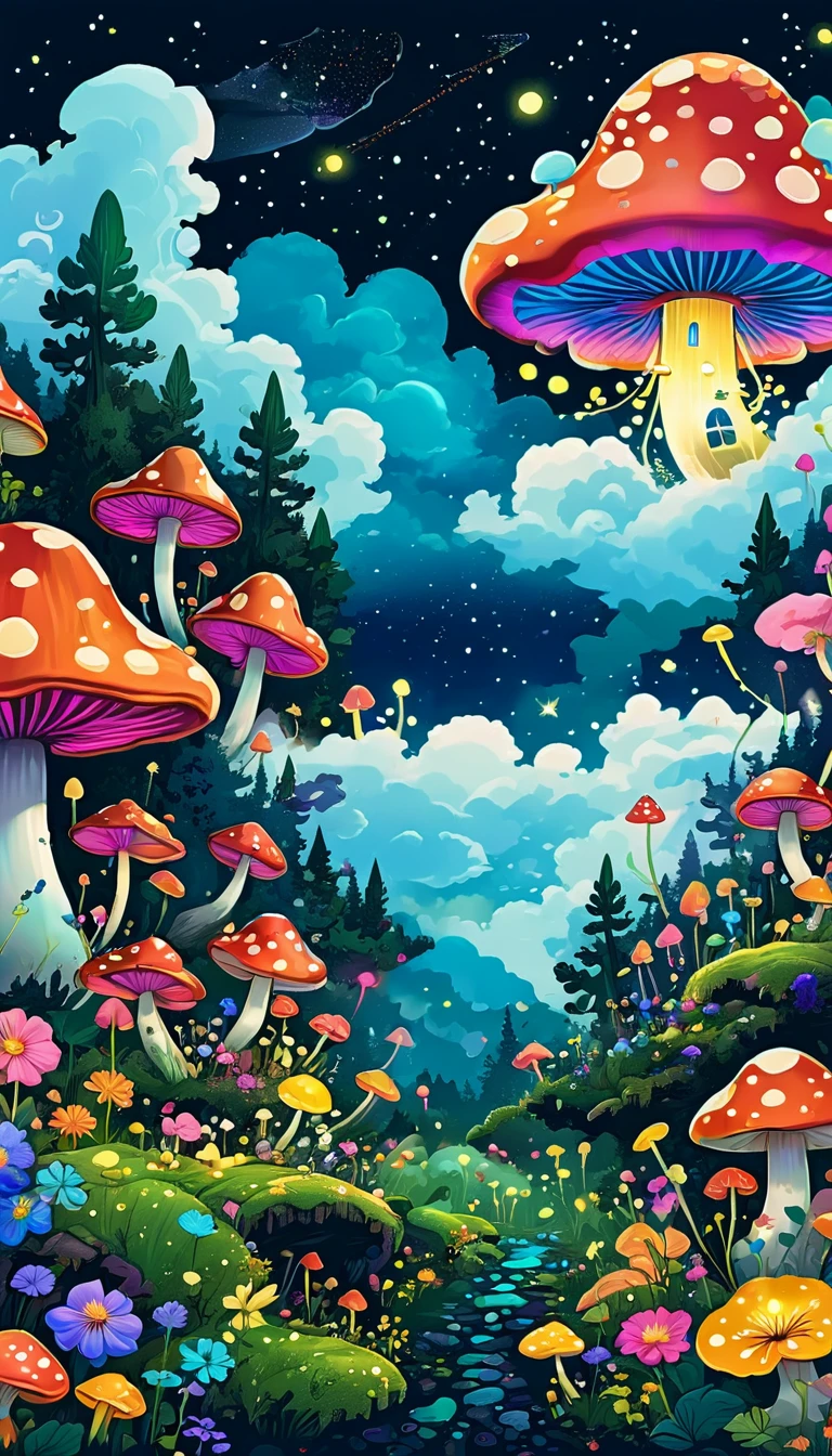 (Rolling clouds and colorful flowers), (Forest Firefly Fantasy Korean Mushroom Kingdom), (midnight), (irregular), (mystery), (ridiculous), Dreamy, Disney, T-shirt design, vector,
