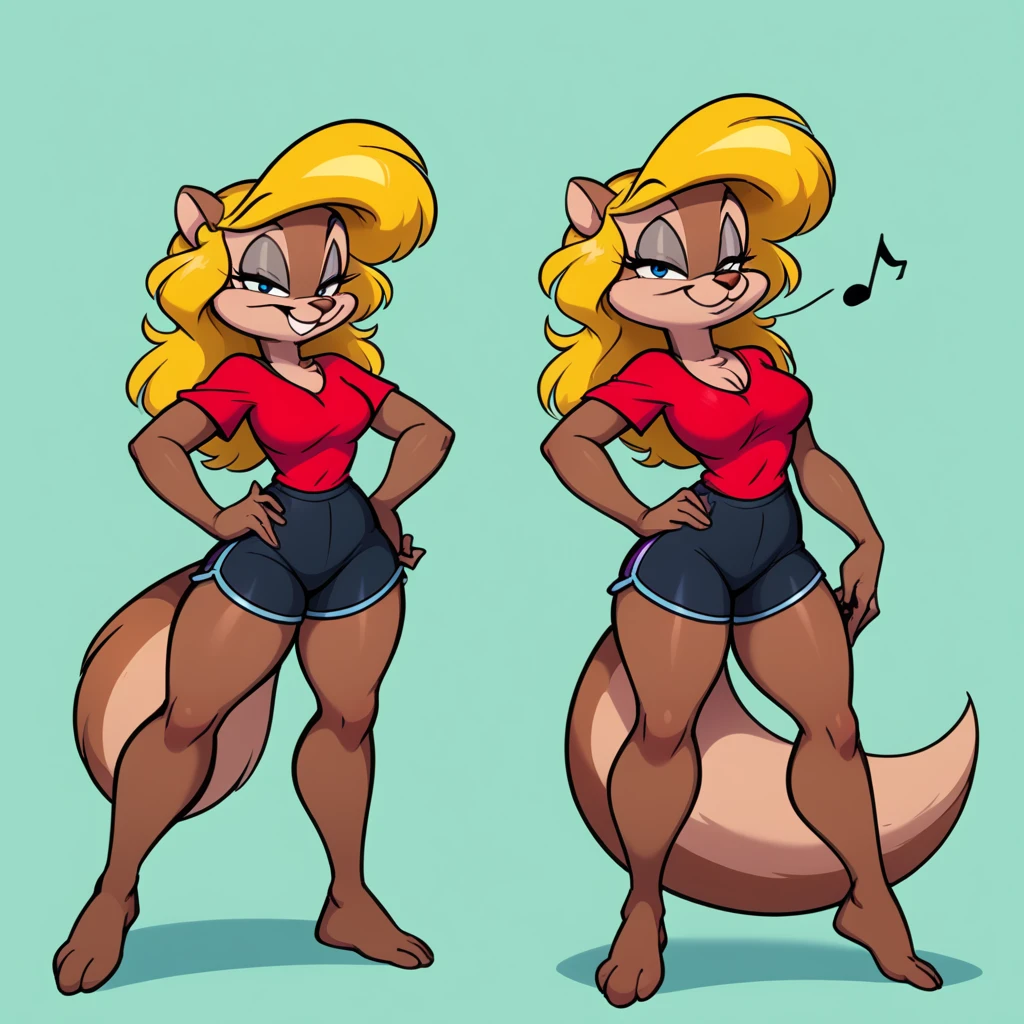 score_9, score_8_up, score_7_up, score_6_up, score_5_up, score_4_up, (Source furry), 1girl, solo, looking at viewer, smile, blue eyes, Daffy Duck mint green background, shirt, Daffy Duck mint green background, animal ears, cleavage, medium breasts, smug while teeth singing, digital smiley face obstacles everywhere in the background, singing a song, singing in a smiley face ball, tail, full thick body, barefoot, furry, cyberworld environment, standing and posing a pin up pose, while paratring herself, black swimming shorts, has thick thighs, thick thighs, bright red shirt, animal nose, snout, amy squirrel , blonde hair, long hair, two tone fur, brown fur, furry female, body fur, humble sexy look,