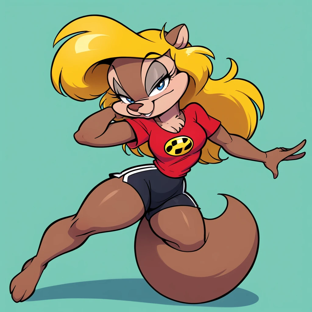 score_9, score_8_up, score_7_up, score_6_up, score_5_up, score_4_up, (Source furry), 1girl, solo, looking at viewer, smile, blue eyes, Daffy Duck mint green background, shirt, Daffy Duck mint green background, animal ears, cleavage, medium breasts, smug while teeth singing, digital smiley face obstacles everywhere in the background, singing a song, singing in a smiley face ball, tail, full thick body, barefoot, furry, cyberworld environment, standing and posing a pin up pose, while paratring herself, black swimming shorts, has thick thighs, thick thighs, bright red shirt, animal nose, snout, amy squirrel , blonde hair, long hair, two tone fur, brown fur, furry female, body fur, humble sexy look,
