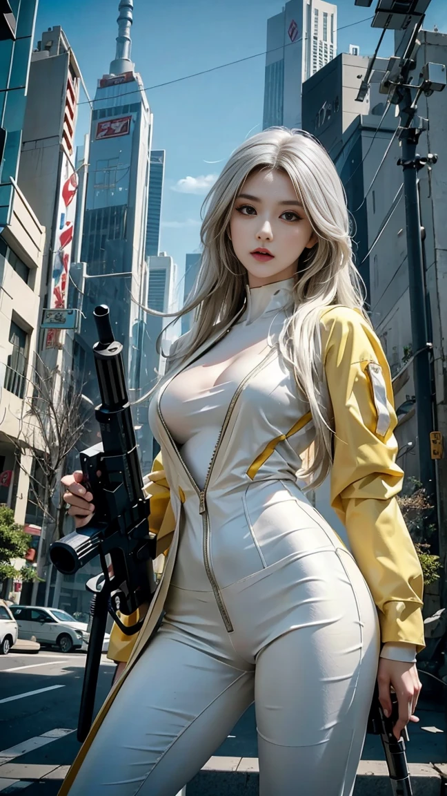 photorealistic, high resolution, soft light,1women, solo, hips up, (detailed face), white long hair, narutal big breast, yellow suit, cybersamurai, cyborg at leg and arm, naked body, small breast, cyberpunk, holding gun, glowing, gun, sniper, on the street, with mecha