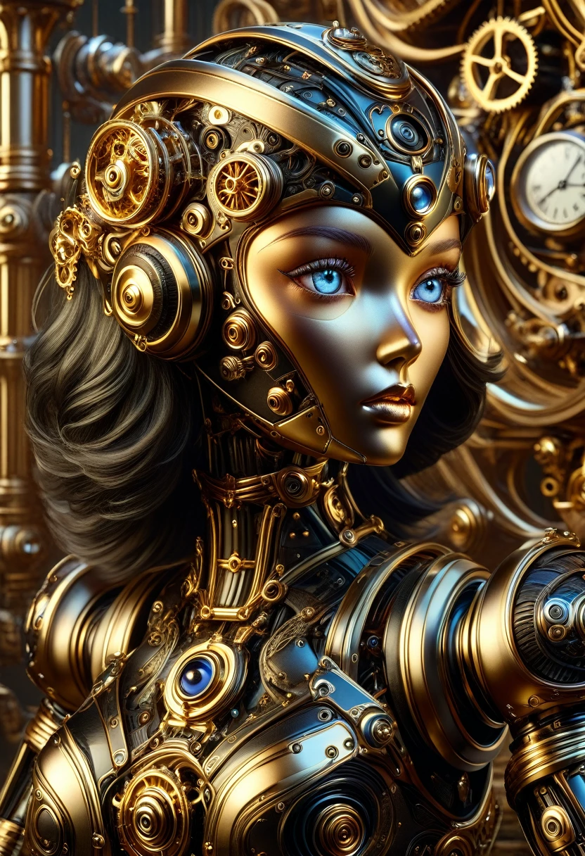 A steam punk style obsidian robot with a human like obsidian face. female figure. Wearing wig of spun obsidian. Ultra HD, Rococo-Inspired Fantasy Art With Intricate Details. (8K High Resolution) (top-quality)