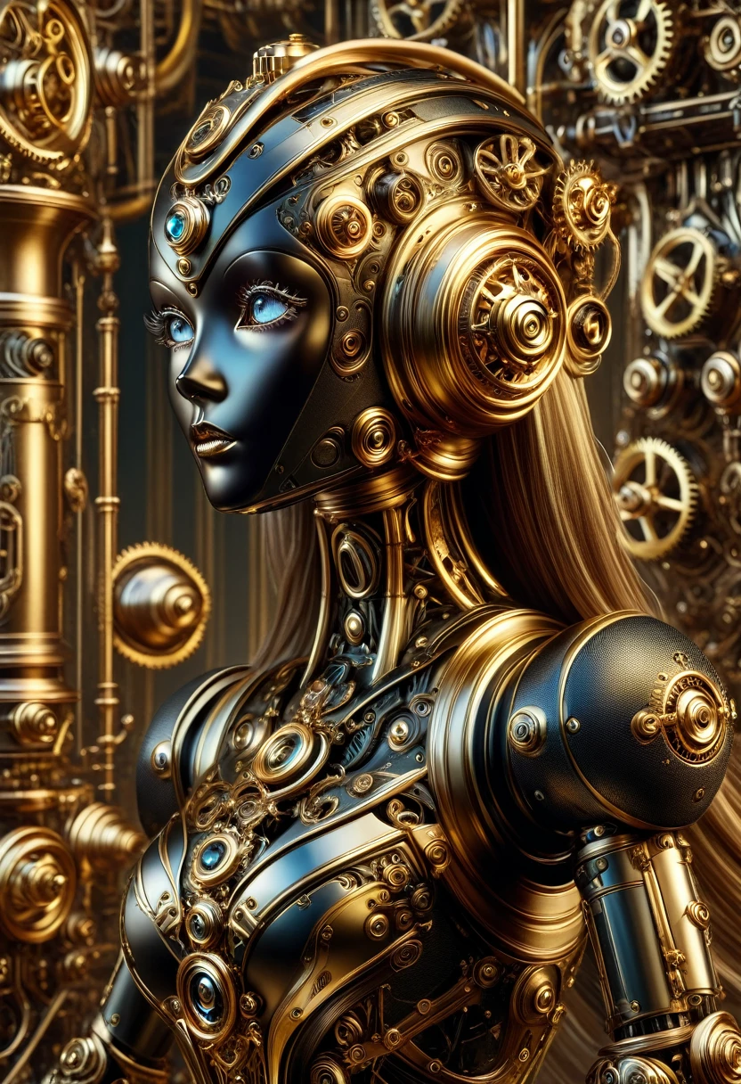 A steam punk style obsidian robot with a human like obsidian face. female figure. Wearing wig of spun obsidian. Ultra HD, Rococo-Inspired Fantasy Art With Intricate Details. (8K High Resolution) (top-quality)