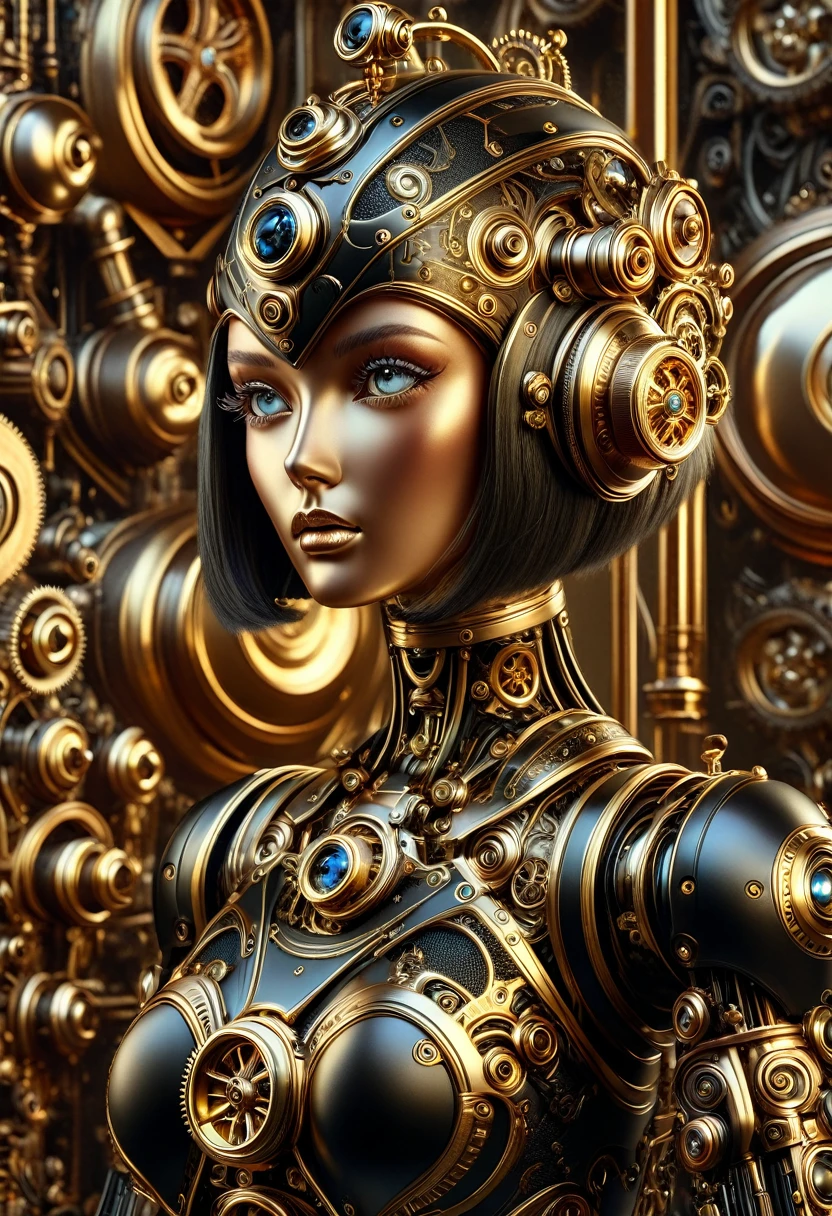 A steam punk style obsidian robot with a human like obsidian face. female figure. Wearing wig of spun obsidian. Ultra HD, Rococo-Inspired Fantasy Art With Intricate Details. (8K High Resolution) (top-quality)