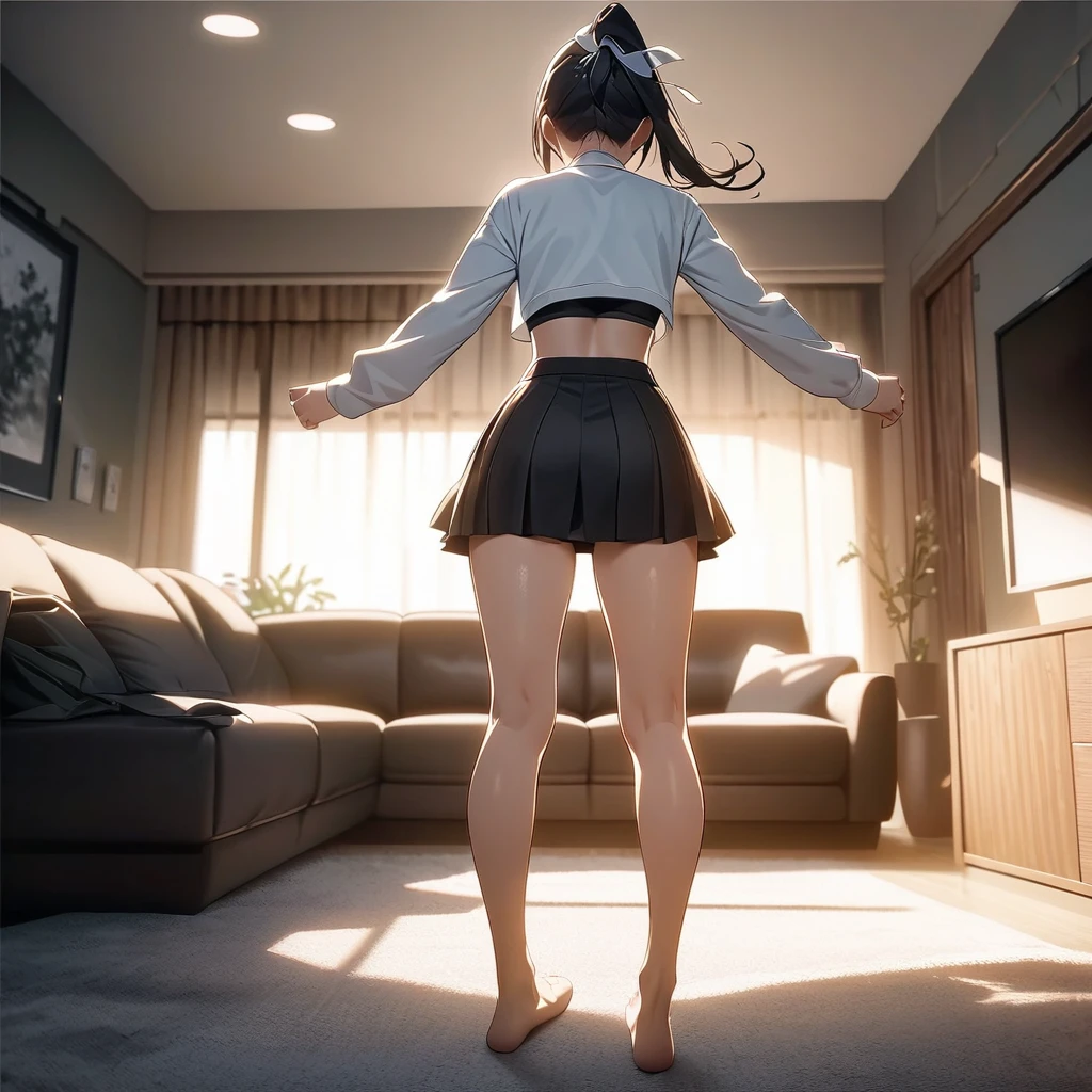 (masterpiece),(best quality),(ultra detailed), 
highly detailed, intricate details, High quality shadow, Cinematic Light, MILF, 
sole girl, full body, standing, black ponytail, hair ribbon, black and white crop-top, short skirt,
In a living room, shy, embarrassed, lifting up skirt herself, looking at camera,
 bg_imgs,