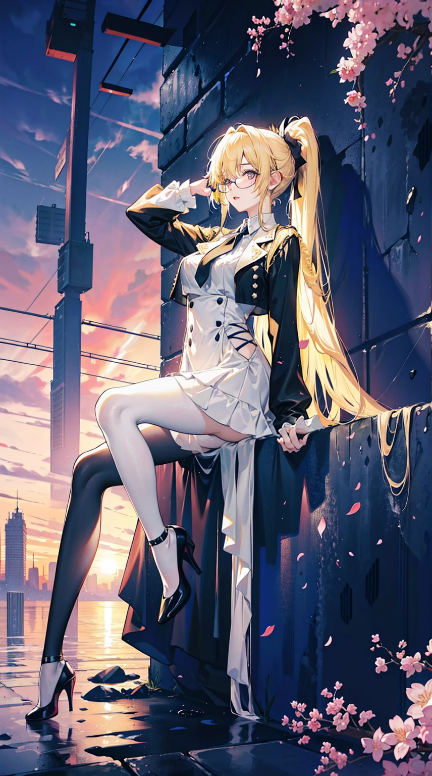 Young and beautiful Kathryn Newton, Glasses, White dress shirt, Very deep neckline, Black Mini Dress, Dark pantyhose, Surreal, , Model figure, Large Breasts, Beautiful breasts, Big Ass, Long hair, Ponytail, Blonde hair, Long legs, 8K, futuristic city, Cherry blossoms, sunrise, LED lighting, Anime style, ((Leaning against the wall,Sideways posture))