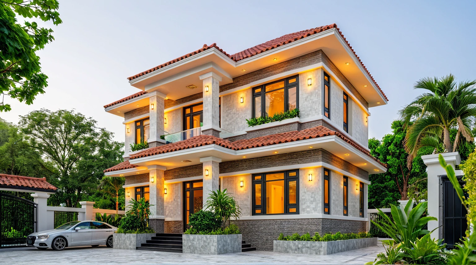 Masterpiece, high-end, best quality, authentic, super detailed, outdoor, aiaigroup, neoclassical villa style, stairs, white walls combined with conwood, wind encaustic tiles, green tiles, iron gates, conwood ceilings , flowers, path, summer evening, grass, trees, sky, clouds, (daylight: 1.1)