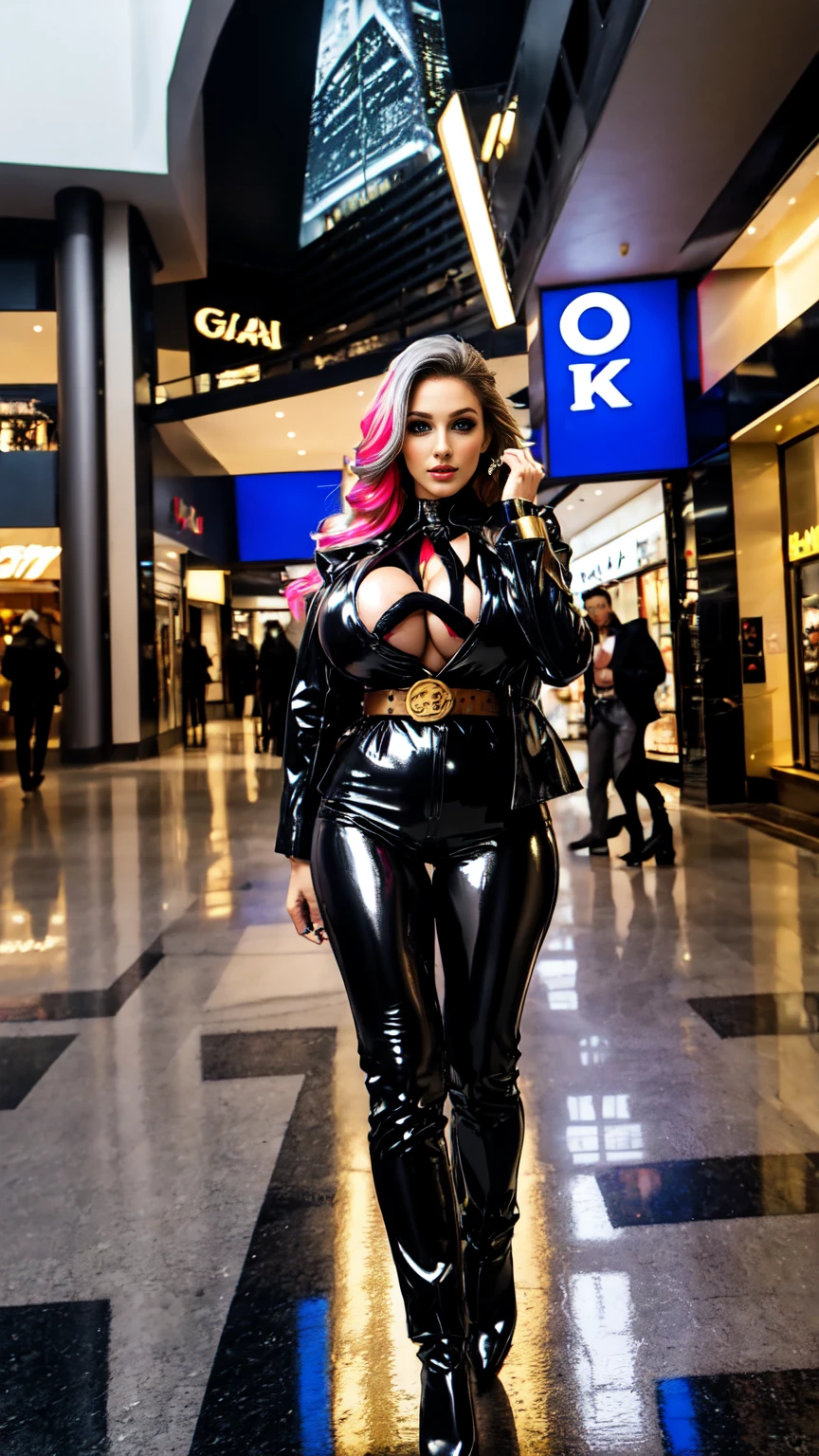 persian porn actress, blond long hair, gold epaulet,brown eyes,gray general army uniform, gray latex blazer Uniform, gray latex trousers black boots,,big breast, cleavage,  belt,stand in a city mall