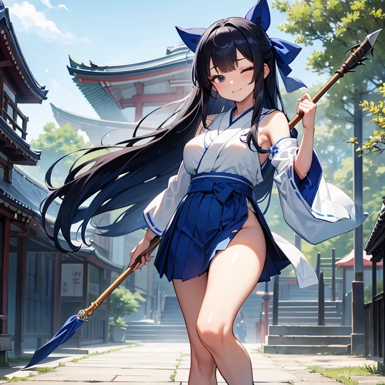 {{{gripping Spear}}}, gripping spear, closed eyes, The best smile、Blue and white shrine maiden costume、Blue ultra-mini skirt hakama、Black hair straight、long hair、I don't wear anything on my feet、Blue Big Ribbon、Large slit eyes、Straight bangs、Big Breasts、Blue sleeves、A girl about 17 years old、tall height、Are standing、Shrine Background