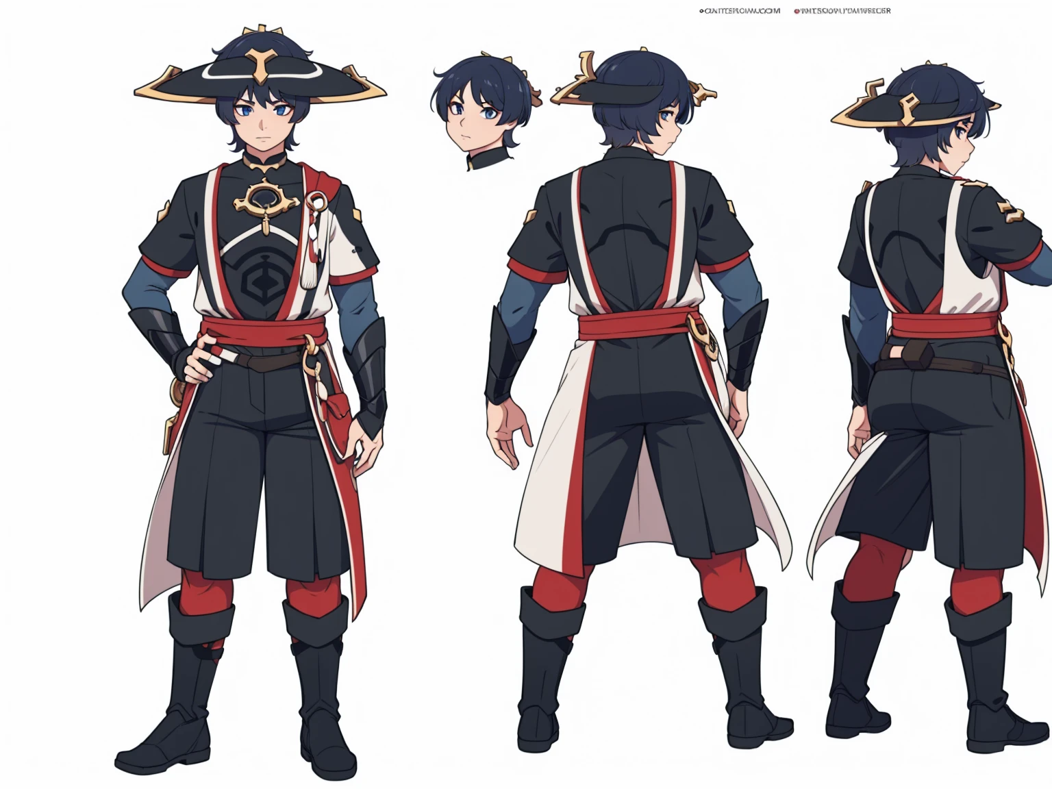 (Wanderer:1.0)Thin, fit, 1boy, solo, male focus, looking at viewer, upper body, hair, realistic, hat, default clothing, wanderer clothing, (character design sheet, full body, front, side, back), Illustration, environment change, pose (simple background, white background: 1.0)