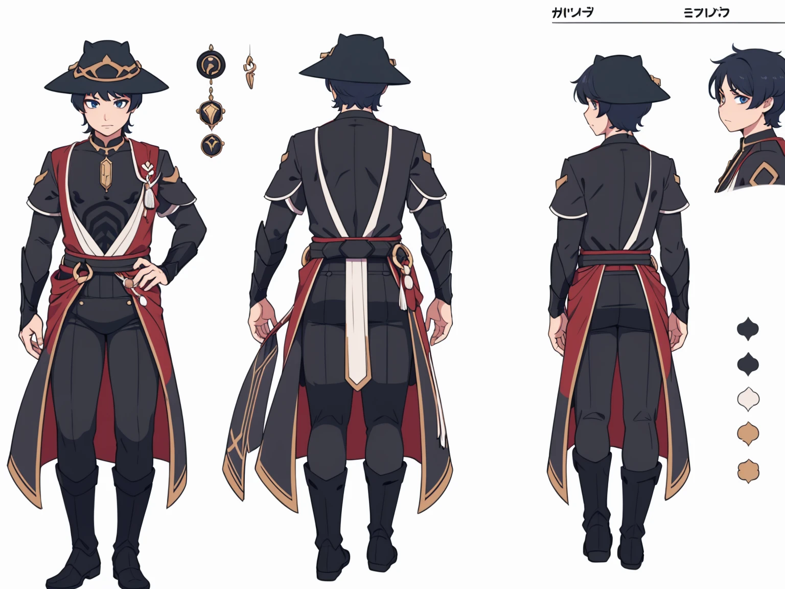 (Wanderer:1.0)Thin, fit, 1boy, solo, male focus, looking at viewer, upper body,  hair, realistic, hat, default clothing, wanderer clothing, (character design sheet, full body, front, side, back), Illustration, environment change, pose (simple background, white background: 1.0)
