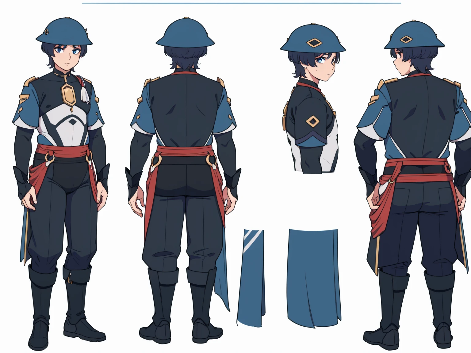(Wanderer:1.0)Thin, fit, 1boy, solo, male focus, looking at viewer, upper body, hair, realistic, hat, default clothing, wanderer clothing, (character design sheet, full body, front, side, back), Illustration, environment change, pose (simple background, white background: 1.0)