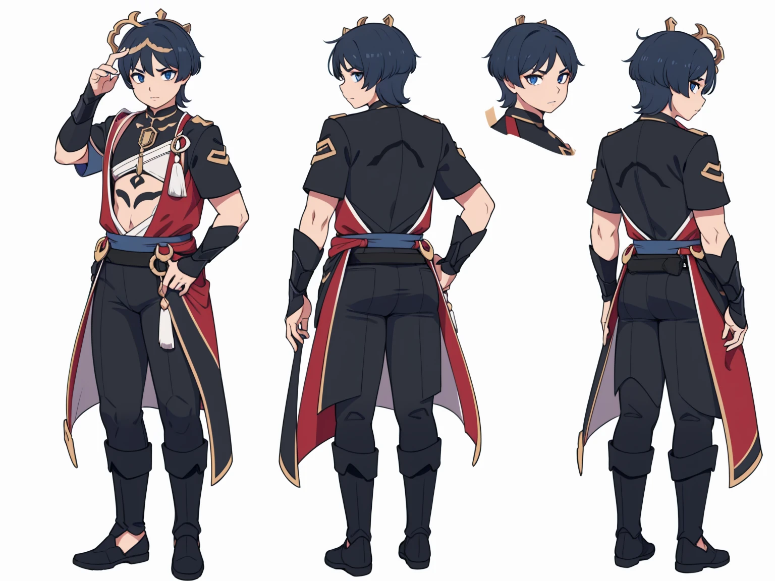 (Wanderer:1.0)Thin, fit, 1boy, solo, male focus, looking at viewer, upper body,  hair, realistic, hat, default clothing, wanderer clothing, (character design sheet, full body, front, side, back), Illustration, environment change, pose (simple background, white background: 1.0)